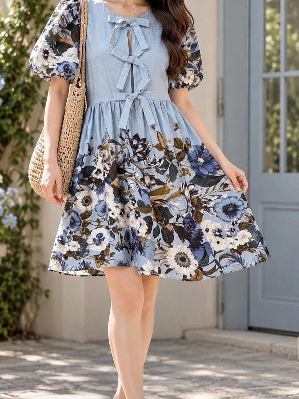 Floral Mini Dress in Blue & White Size Small Like New